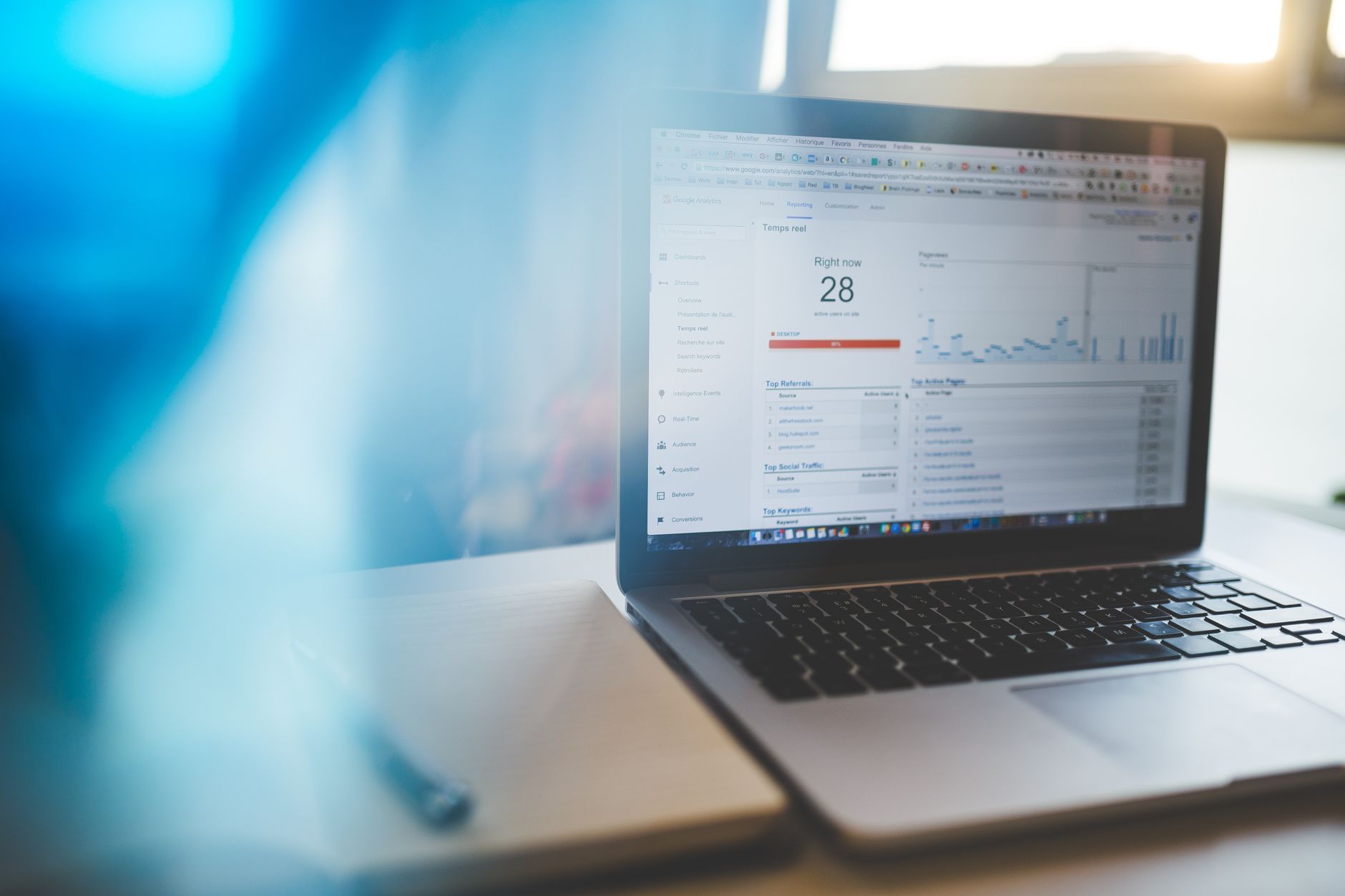 Google Analytics 4 ecommerce dashboard showing channel revenue attribution on a laptop