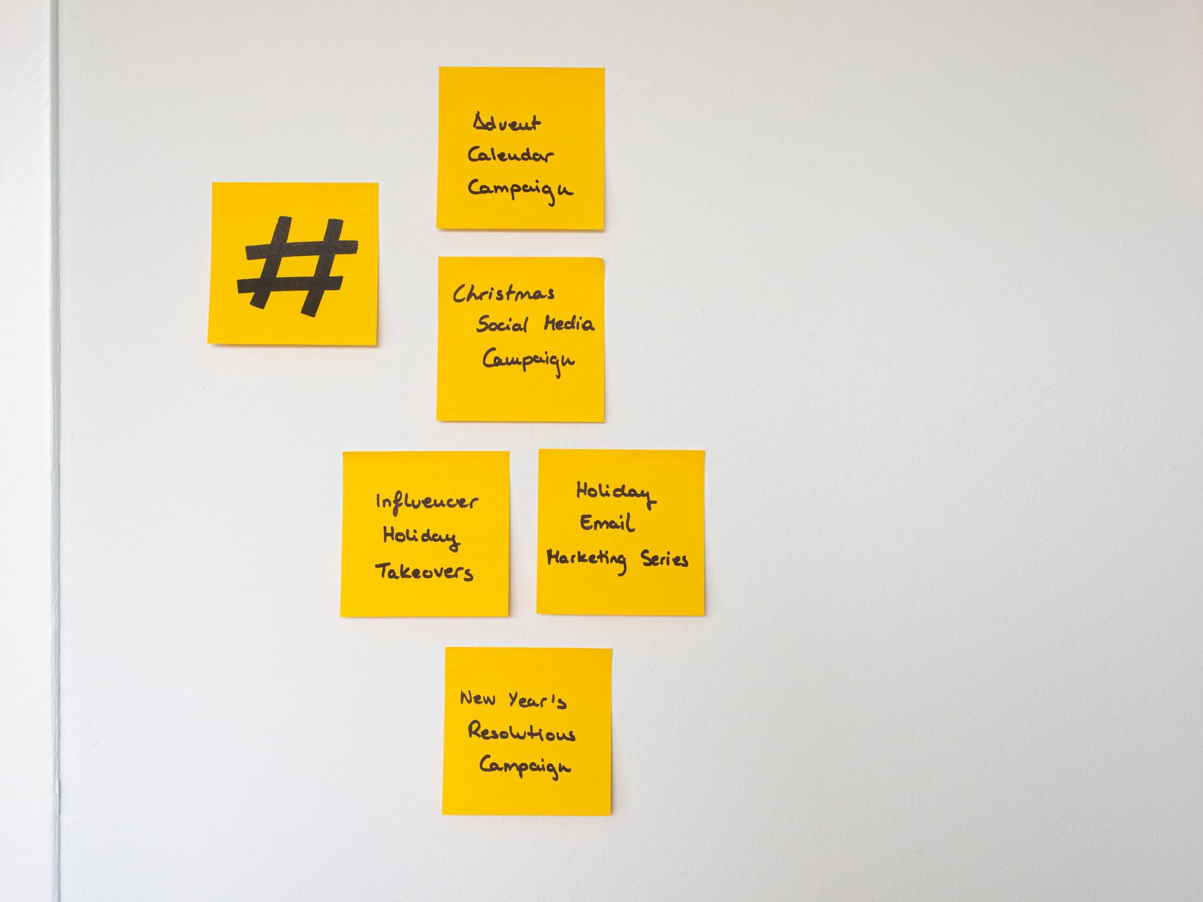 Holiday Q4 marketing strategy planning with sticky notes on whiteboard