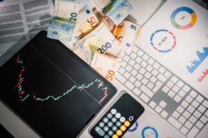 Business performance charts and financial metrics representing DTC ad budget allocation planning