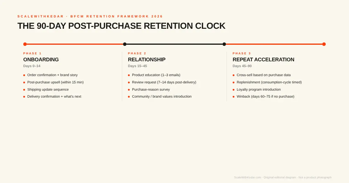 BFCM post-purchase 3-phase retention timeline: Days 0-14 Onboarding, Days 15-45 Relationship Building, Days 45-90 Repeat Purchase Acceleration