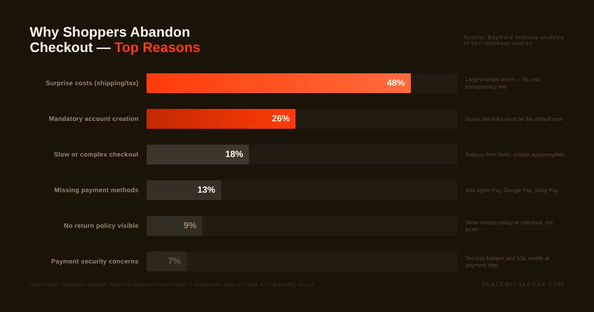 Bar chart showing top reasons for DTC checkout abandonment: hidden shipping costs (48%), forced account creation (26%), missing payment methods (13%) — illustrative example based on Baymard Institute benchmarks