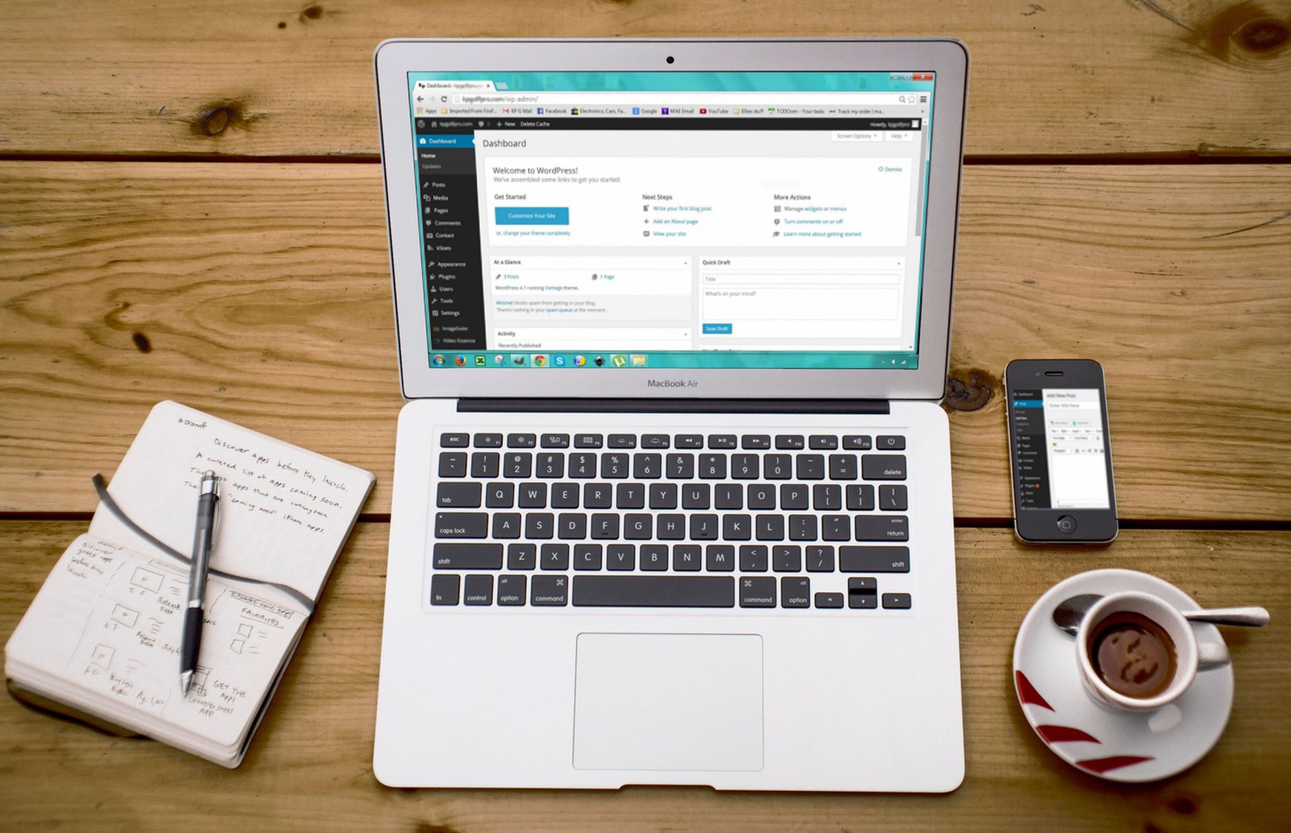 Content marketing strategy notes on a laptop desk workspace for ecommerce brands