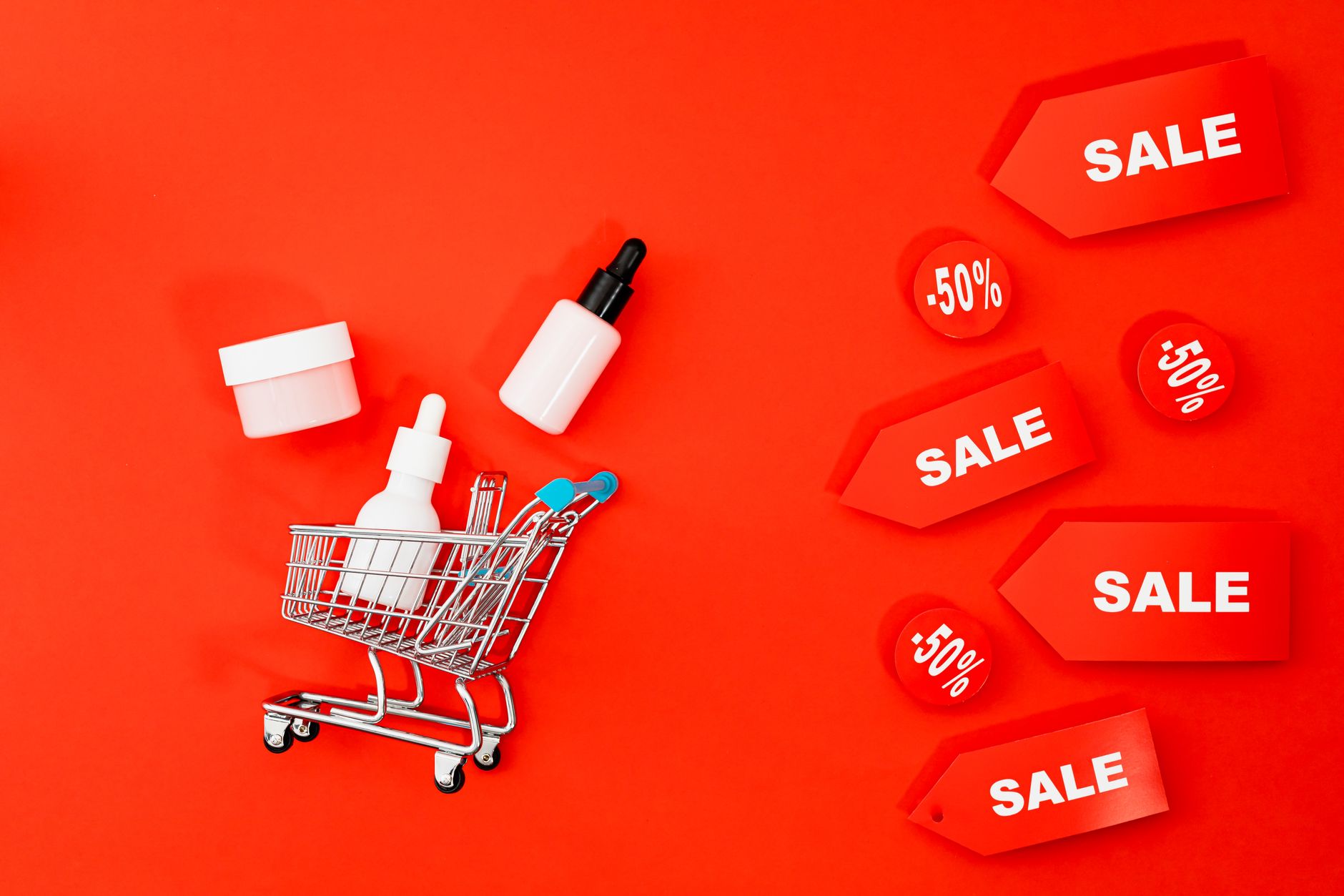 E-commerce skincare products in mini shopping cart representing DTC product listing and ads performance