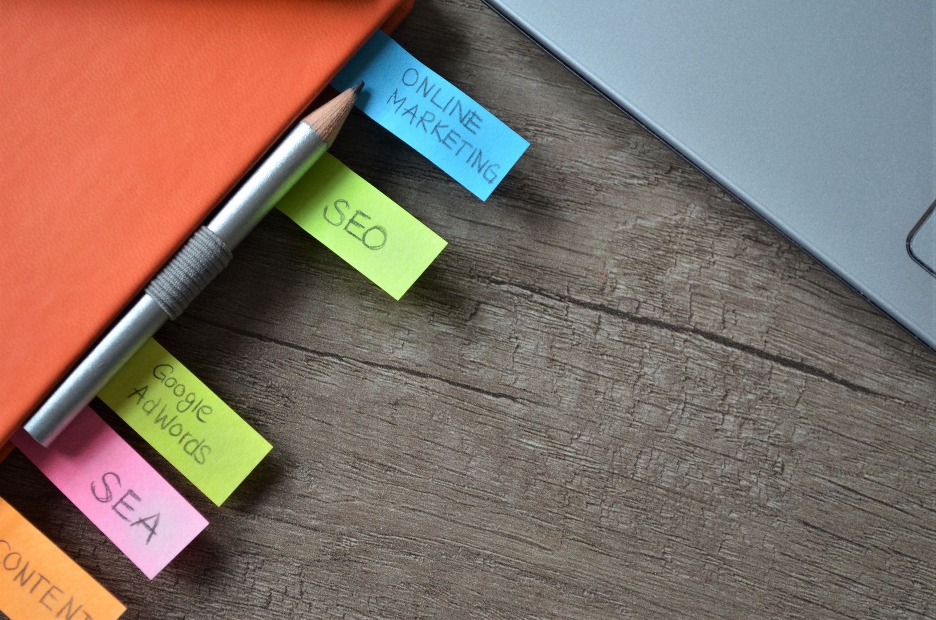SEO strategy planning with sticky notes and notebook for digital marketing