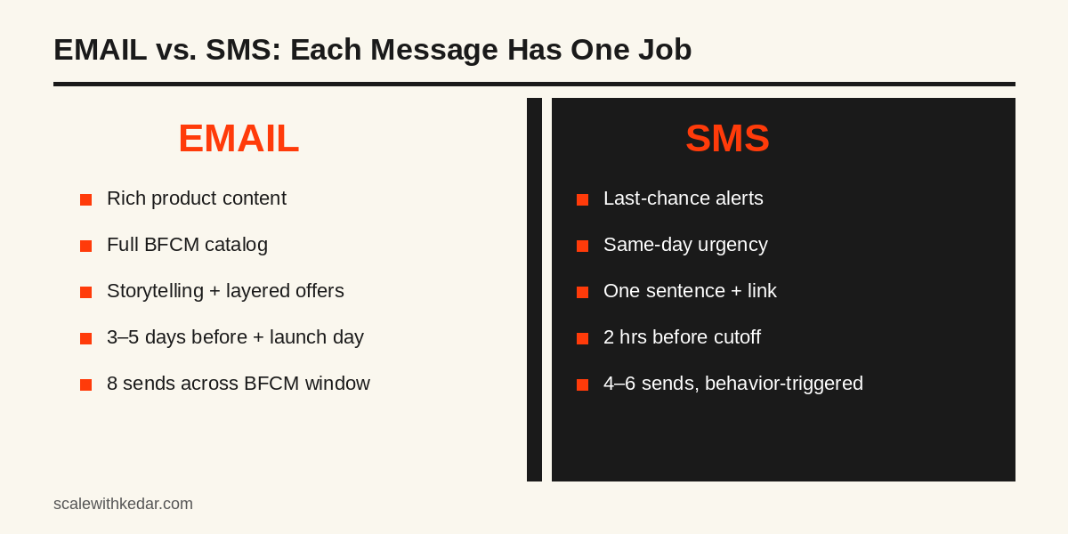 Email versus SMS channel roles for BFCM — each channel has one distinct job