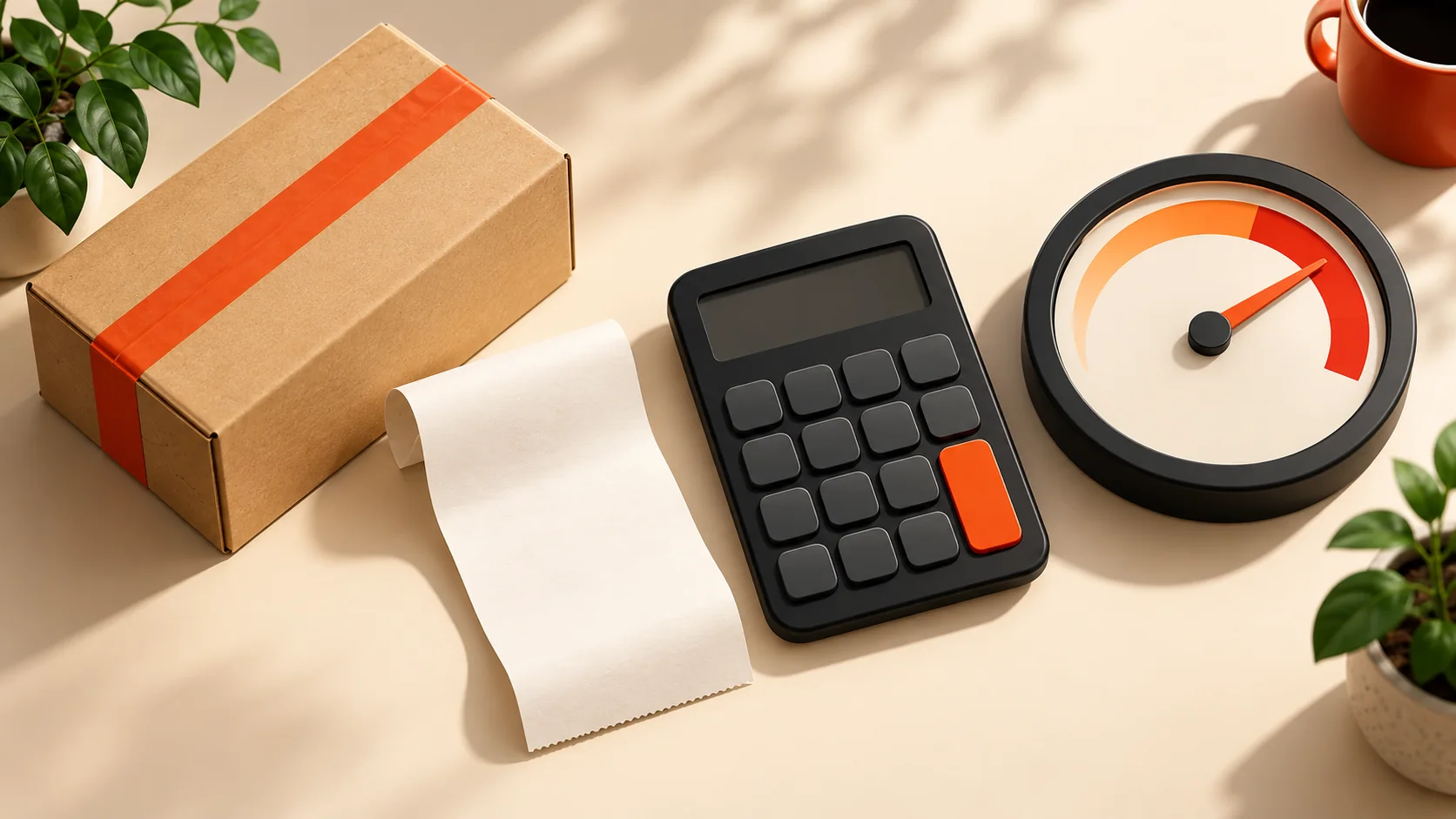 Parcel, receipt, calculator and gauge representing contribution-based planning